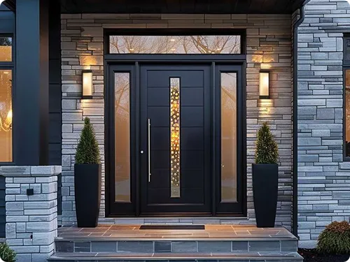 Voordeur met vierkante ramen en stalen frame voor extra licht en stijl