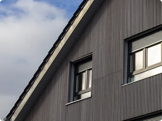 Moderne woning met zwarte rolluiken op een zwart geverfde gevel